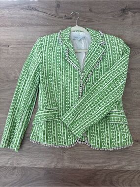 Green Patterned Pom-Pom Trim Blazer